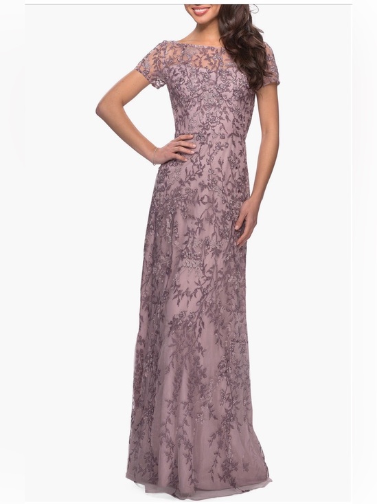 La Femme Dresses & Skirts - La Femme Floral Beaded Evening Dress With Sheer Cap Sleeves, So Beautiful